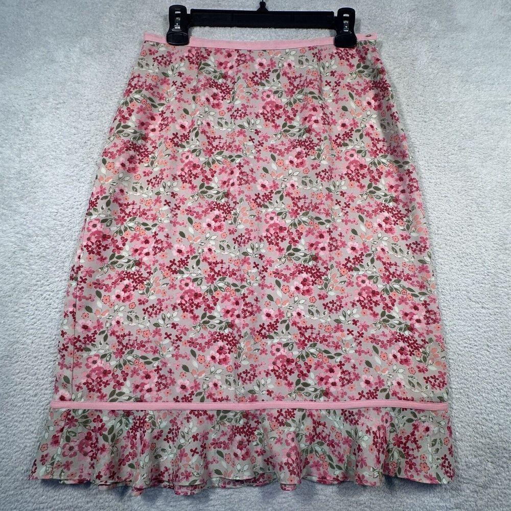 Y2K Floral Ruffle Hem Midi Skirt Women's 6 Pink Coral Green Gray Background 2004